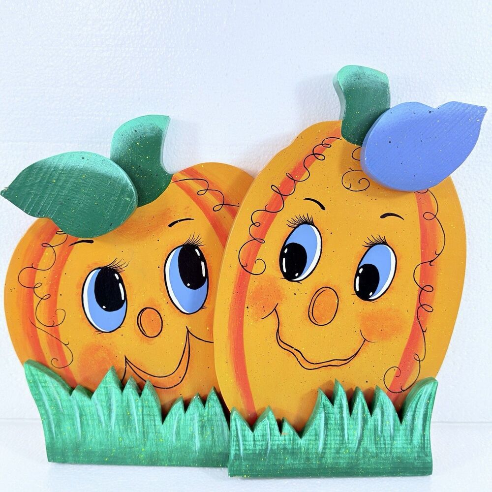 VTG Halloween Wooden Pumpkin Decoration Hand Painted Fall Shelf Sitter Yard Art